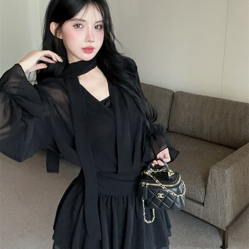 회색 리본 십자가 V넥 긴팔 여성 드레스 이른 가을 품격 닫기 피팅 미니 스커트 명문 여성 로얄 자매 바람 한 마디 치마 이미지 5