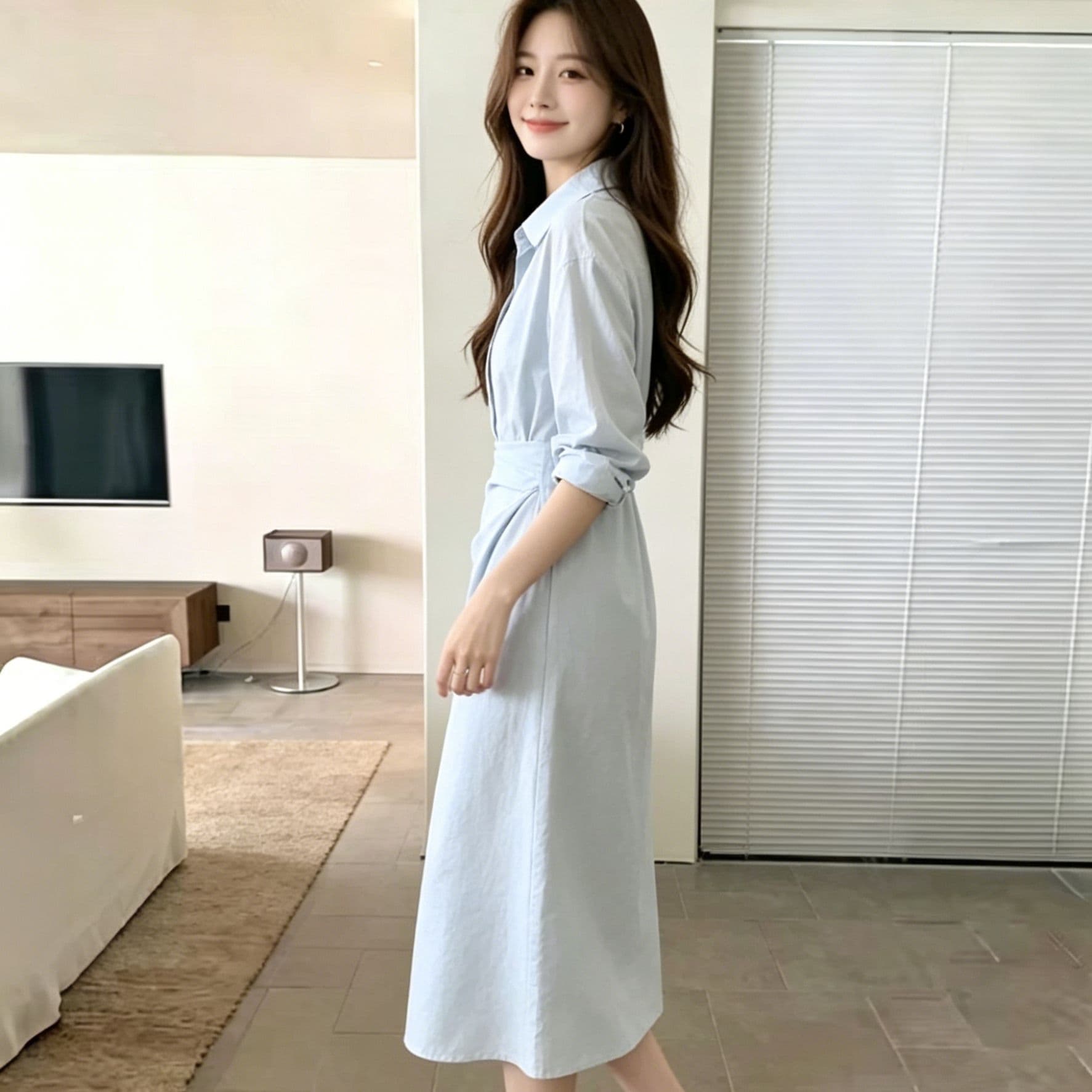 하늘색 폴로 칼라 긴팔 셔츠 여성 드레스 허리 수축 트위스트 출퇴근 미니멀리즘 부드러운 품격 슬림해 보이는 작은 대중 디자인 센스 이미지 2