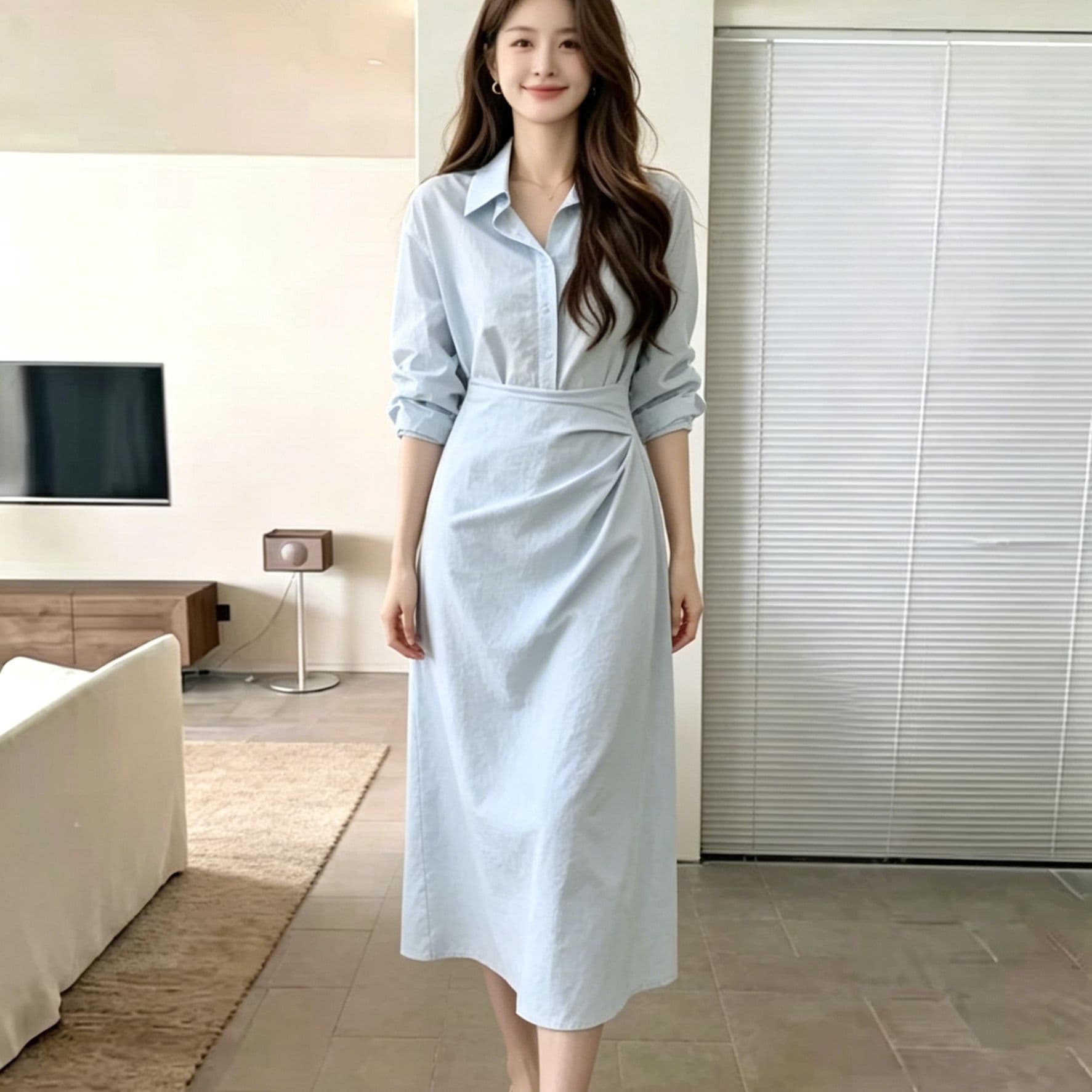 하늘색 폴로 칼라 긴팔 셔츠 여성 드레스 허리 수축 트위스트 출퇴근 미니멀리즘 부드러운 품격 슬림해 보이는 작은 대중 디자인 센스 이미지 4