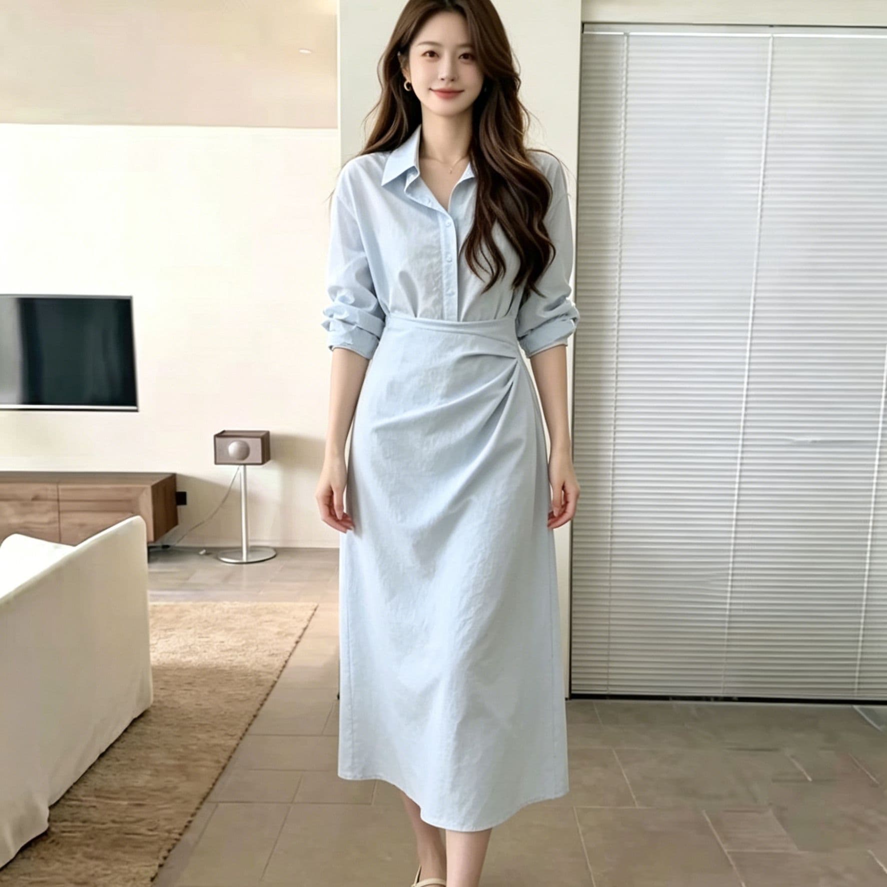하늘색 폴로 칼라 긴팔 셔츠 여성 드레스 허리 수축 트위스트 출퇴근 미니멀리즘 부드러운 품격 슬림해 보이는 작은 대중 디자인 센스 이미지 5