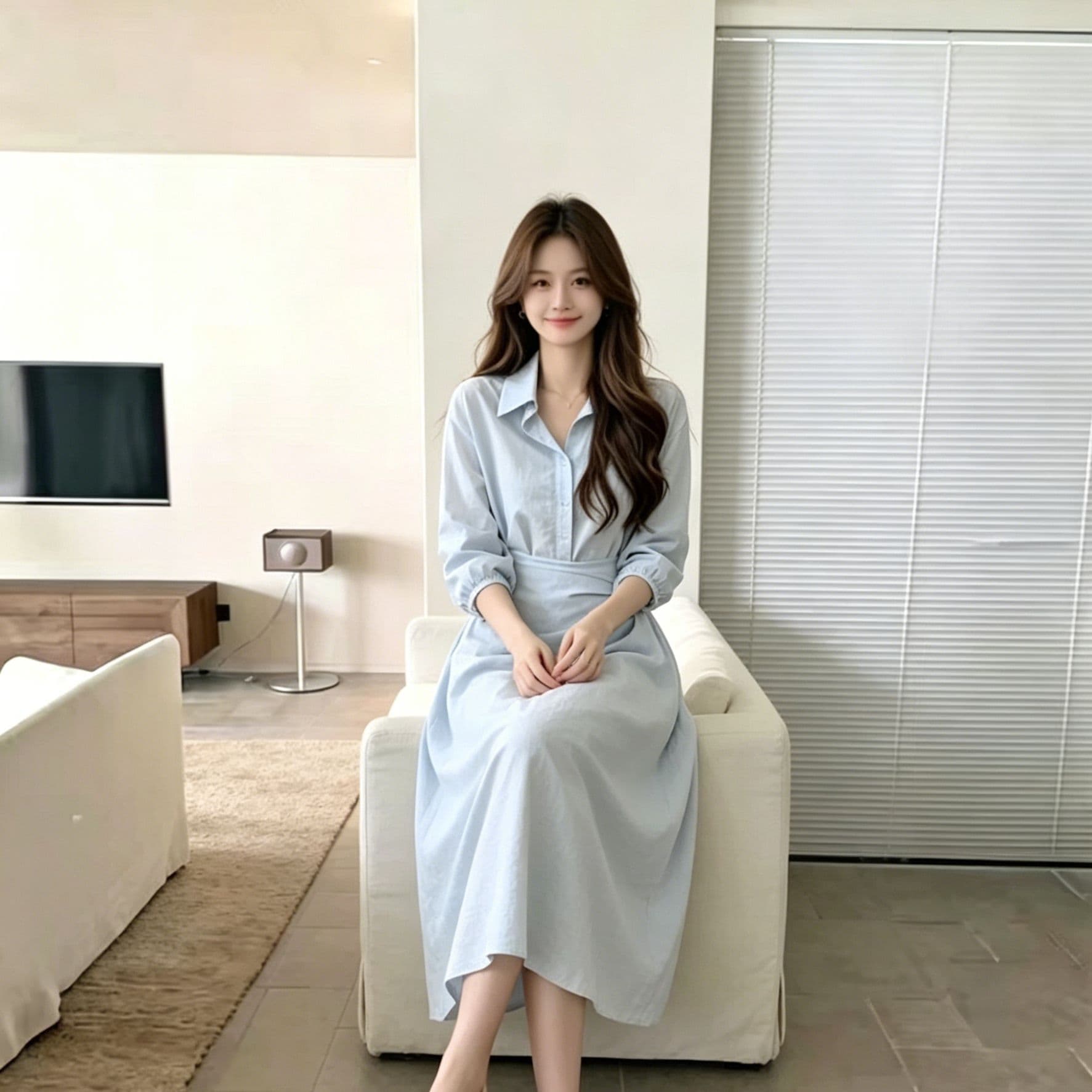 하늘색 폴로 칼라 긴팔 셔츠 여성 드레스 허리 수축 트위스트 출퇴근 미니멀리즘 부드러운 품격 슬림해 보이는 작은 대중 디자인 센스