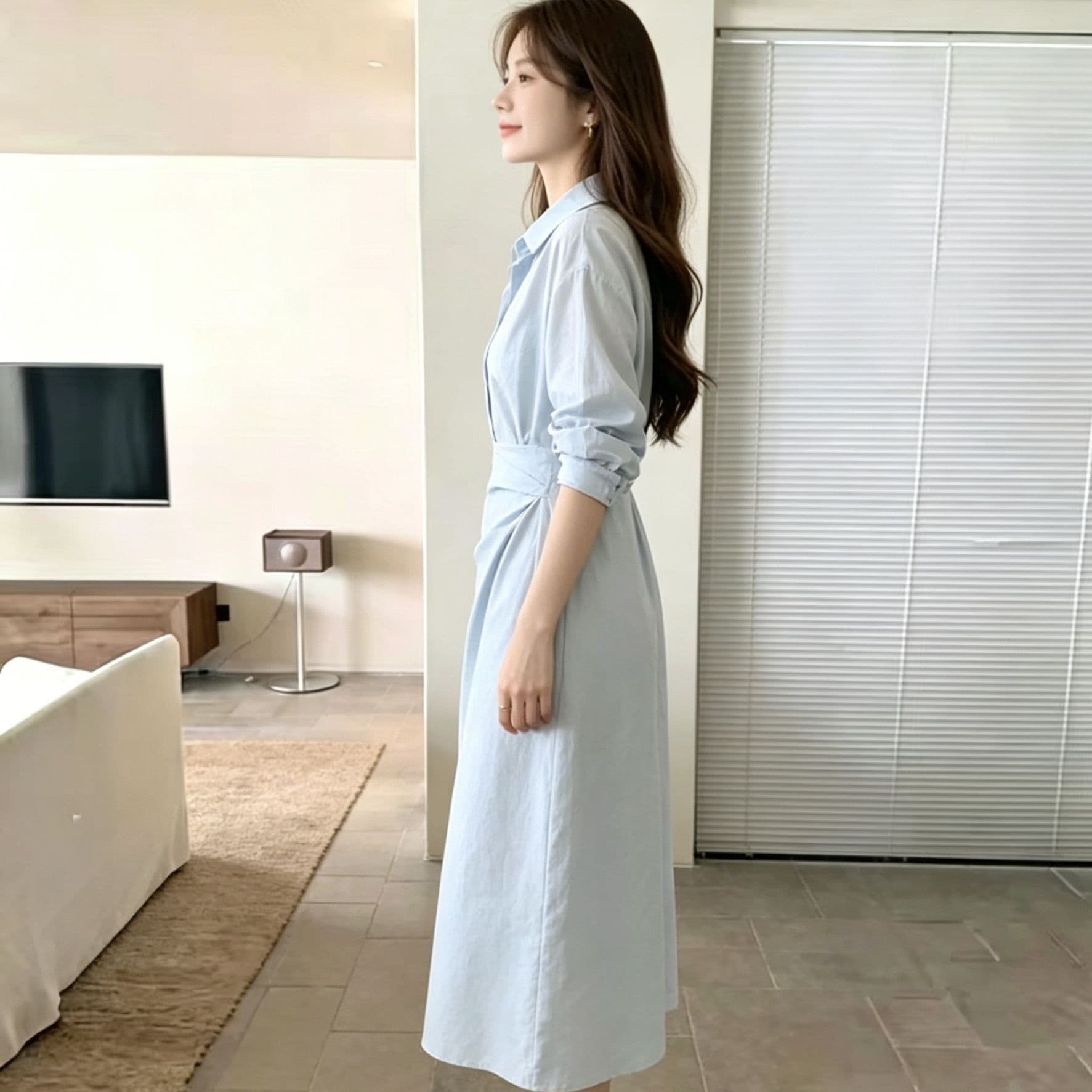 하늘색 폴로 칼라 긴팔 셔츠 여성 드레스 허리 수축 트위스트 출퇴근 미니멀리즘 부드러운 품격 슬림해 보이는 작은 대중 디자인 센스 이미지 3
