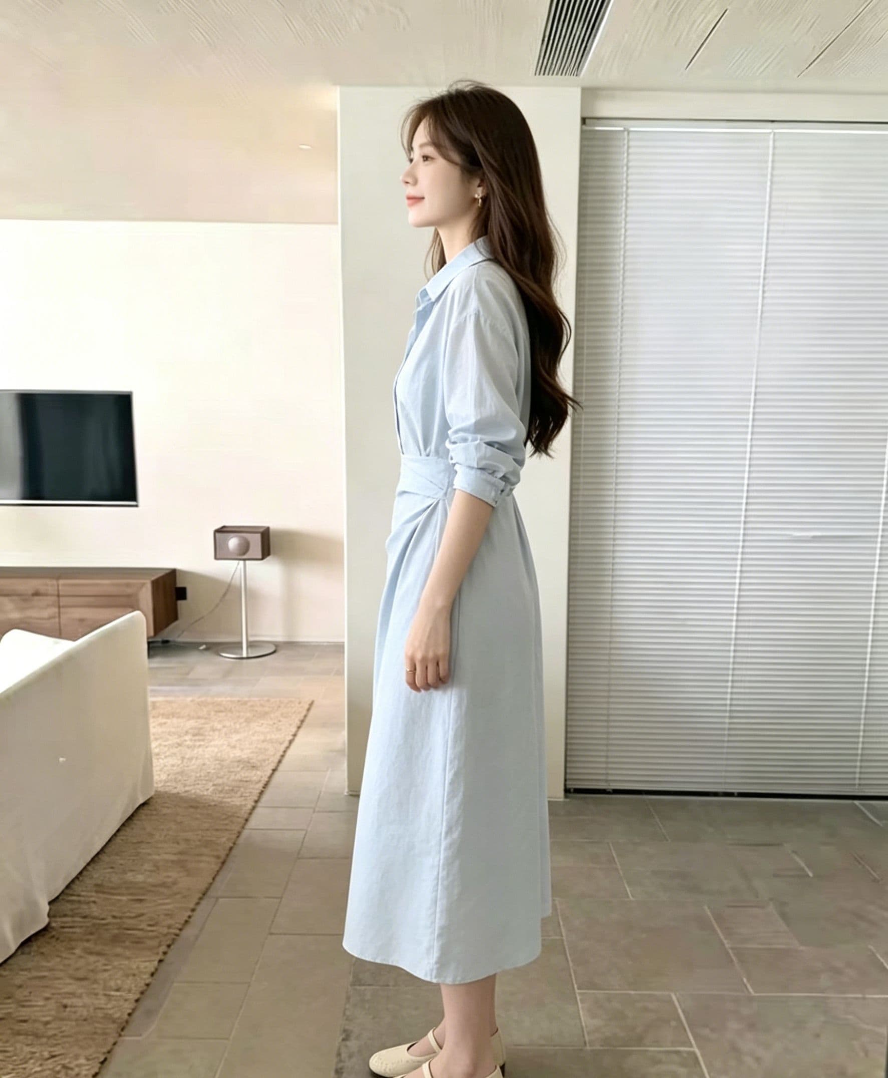 하늘색 폴로 칼라 긴팔 셔츠 여성 드레스 허리 수축 트위스트 출퇴근 미니멀리즘 부드러운 품격 슬림해 보이는 작은 대중 디자인 센스 상세 이미지 1