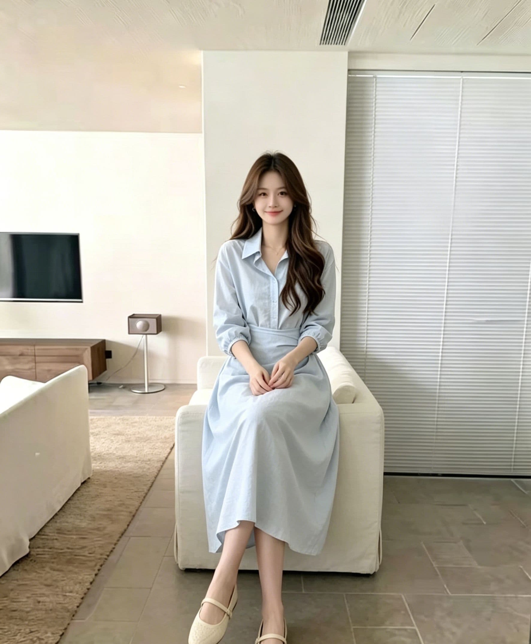 하늘색 폴로 칼라 긴팔 셔츠 여성 드레스 허리 수축 트위스트 출퇴근 미니멀리즘 부드러운 품격 슬림해 보이는 작은 대중 디자인 센스 상세 이미지 2