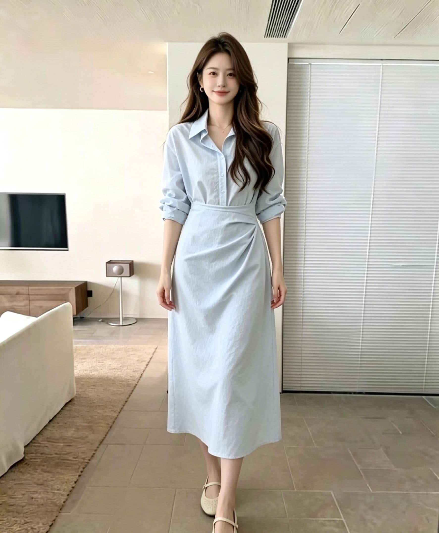 하늘색 폴로 칼라 긴팔 셔츠 여성 드레스 허리 수축 트위스트 출퇴근 미니멀리즘 부드러운 품격 슬림해 보이는 작은 대중 디자인 센스 상세 이미지 3