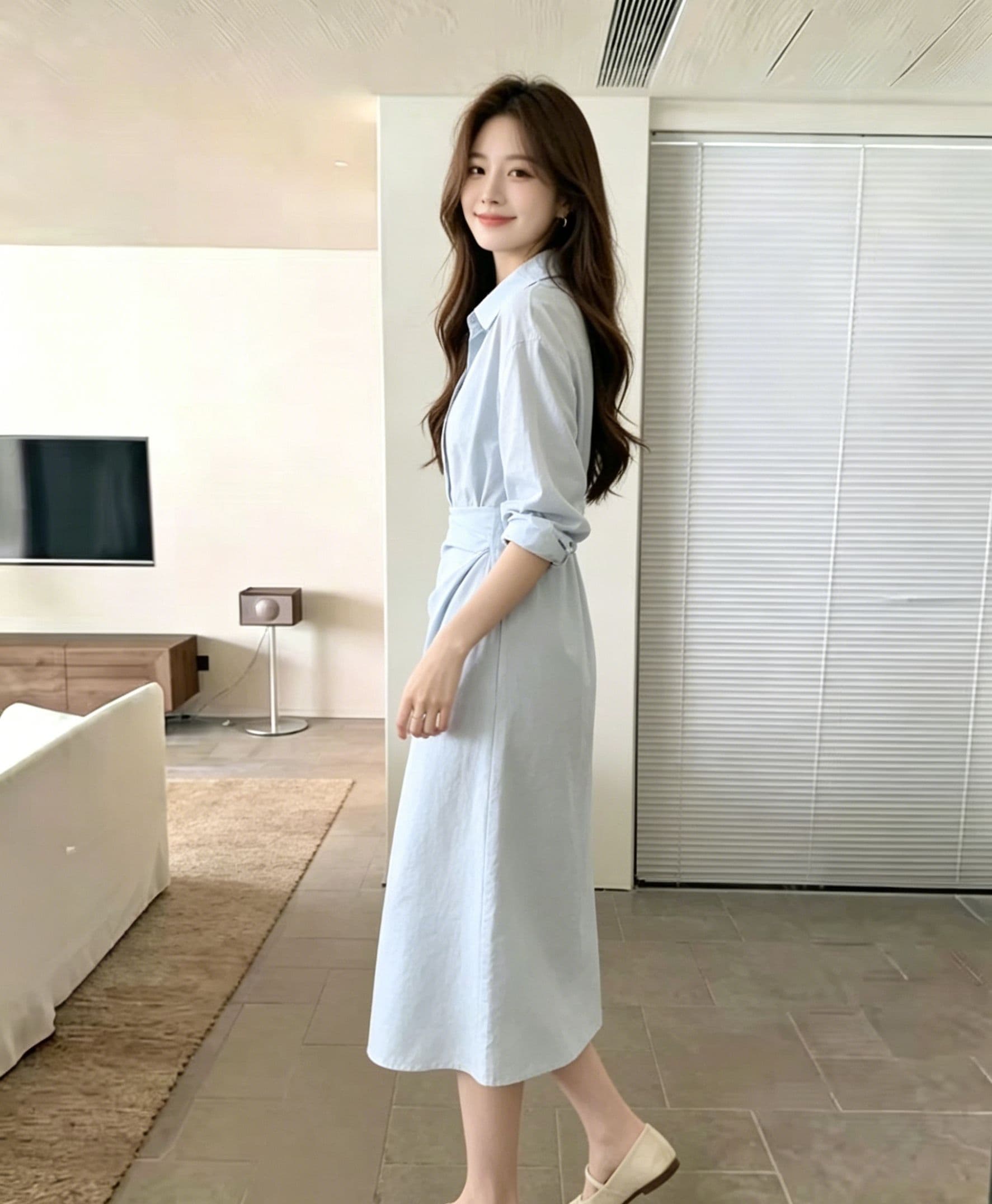 하늘색 폴로 칼라 긴팔 셔츠 여성 드레스 허리 수축 트위스트 출퇴근 미니멀리즘 부드러운 품격 슬림해 보이는 작은 대중 디자인 센스 상세 이미지 4