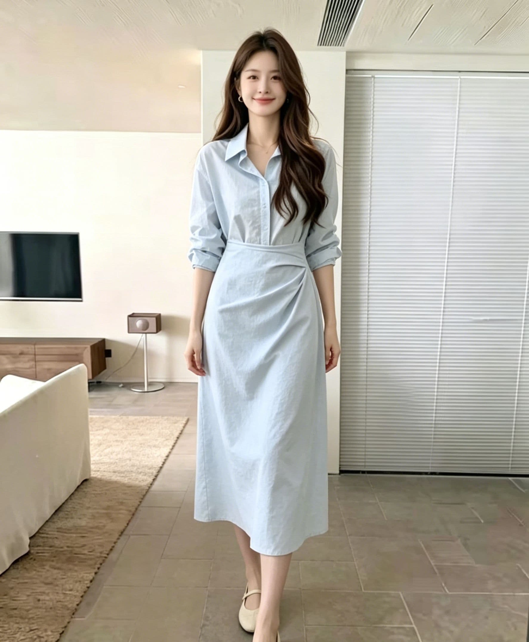 하늘색 폴로 칼라 긴팔 셔츠 여성 드레스 허리 수축 트위스트 출퇴근 미니멀리즘 부드러운 품격 슬림해 보이는 작은 대중 디자인 센스 상세 이미지 8