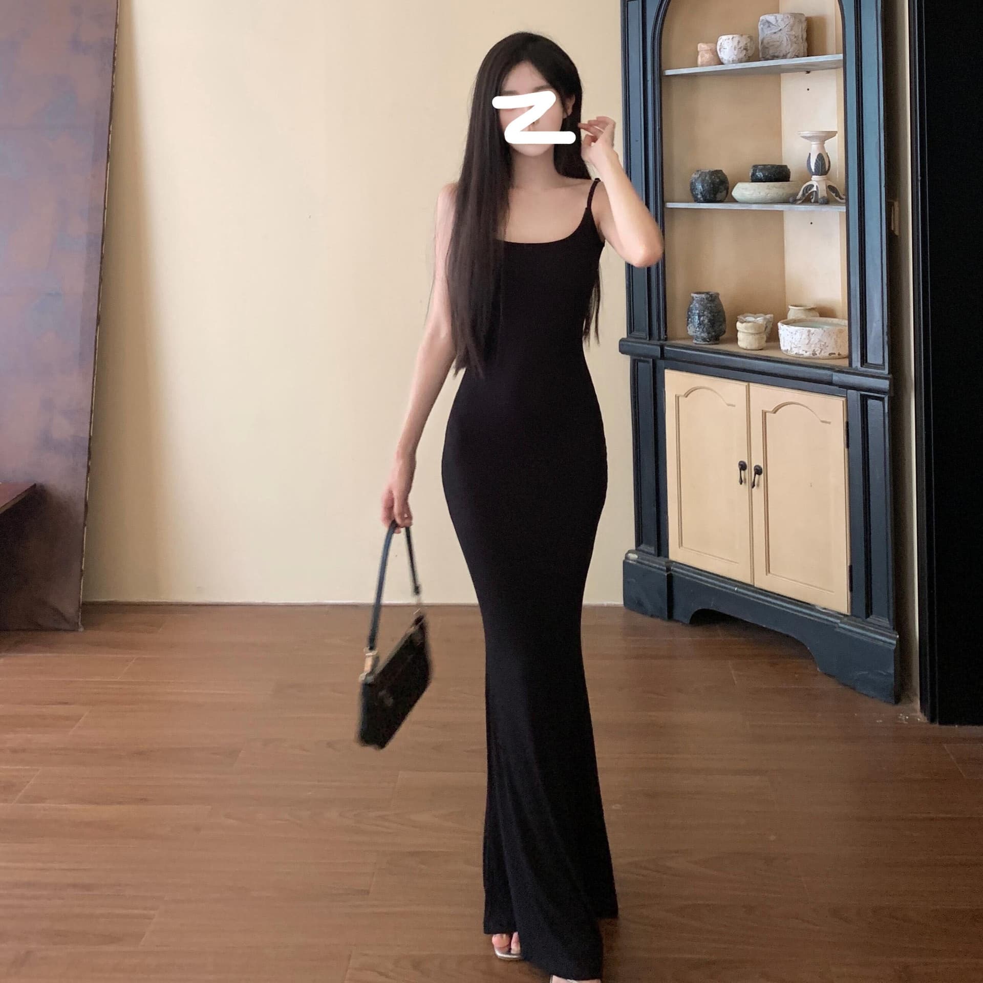 섹시함 검정색 레이스 조각 V넥 긴팔 여성 드레스 가을 새로운 품격 허리 수축 슬림해 보이는 A라인 스커트 롱 스커트 상세 이미지 6