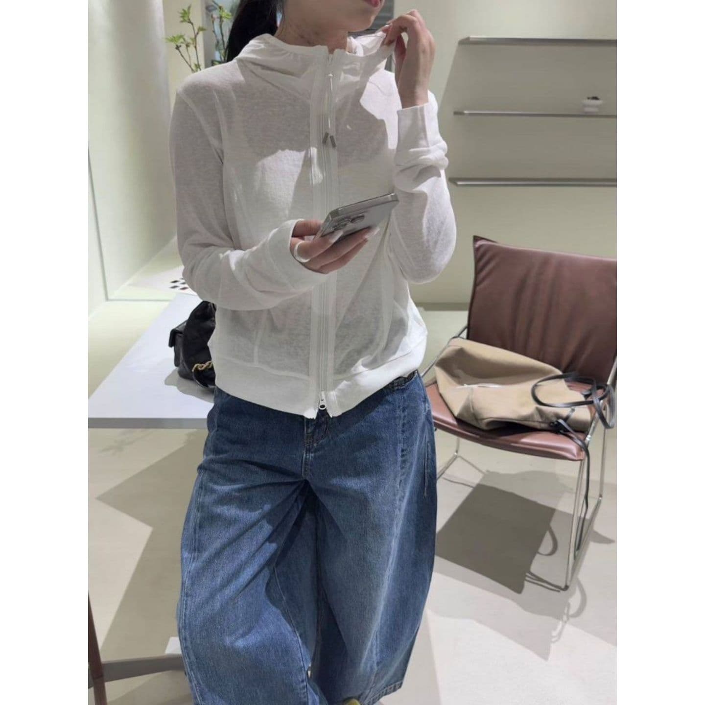 한 부서 느긋한 캐주얼 바람 후드 자외선 차단 의류 루즈핏 여성 코트 상세 이미지 2