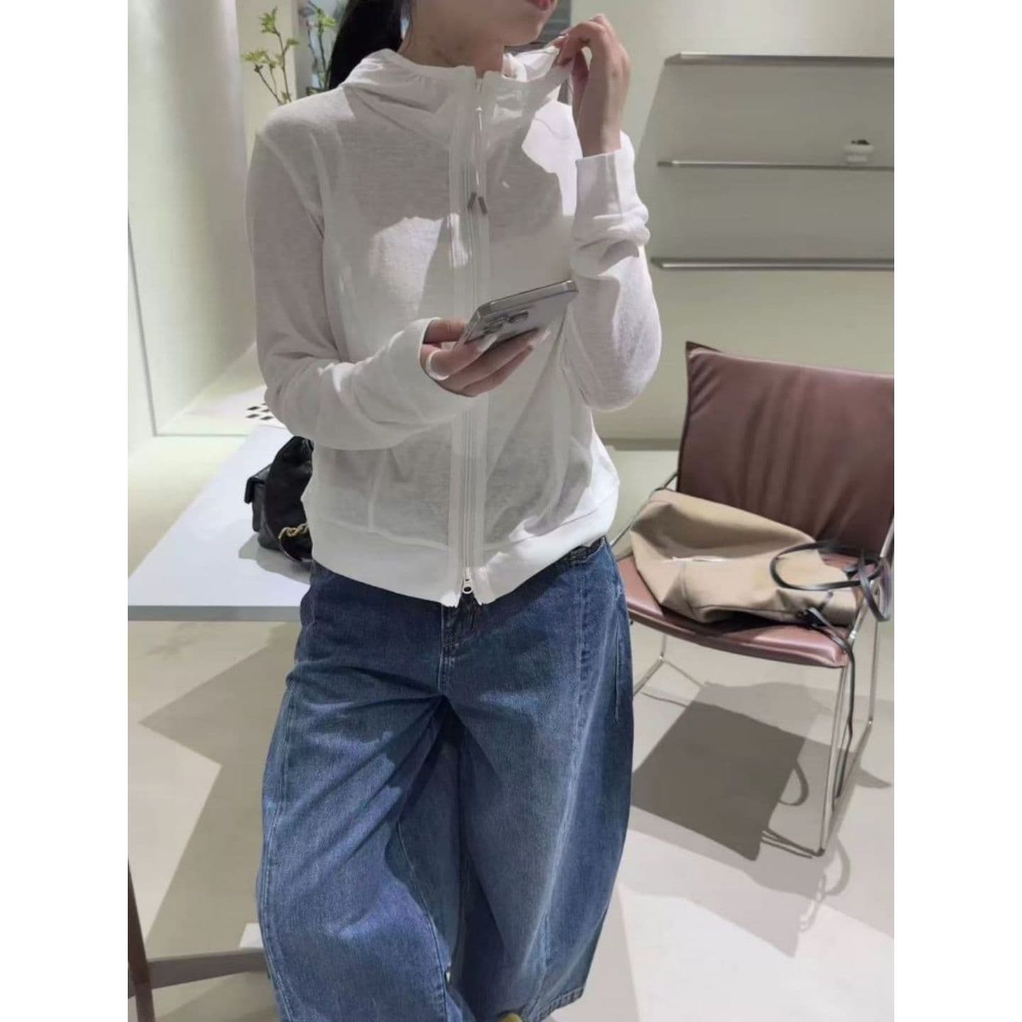 한 부서 느긋한 캐주얼 바람 후드 자외선 차단 의류 루즈핏 여성 코트 상세 이미지 6