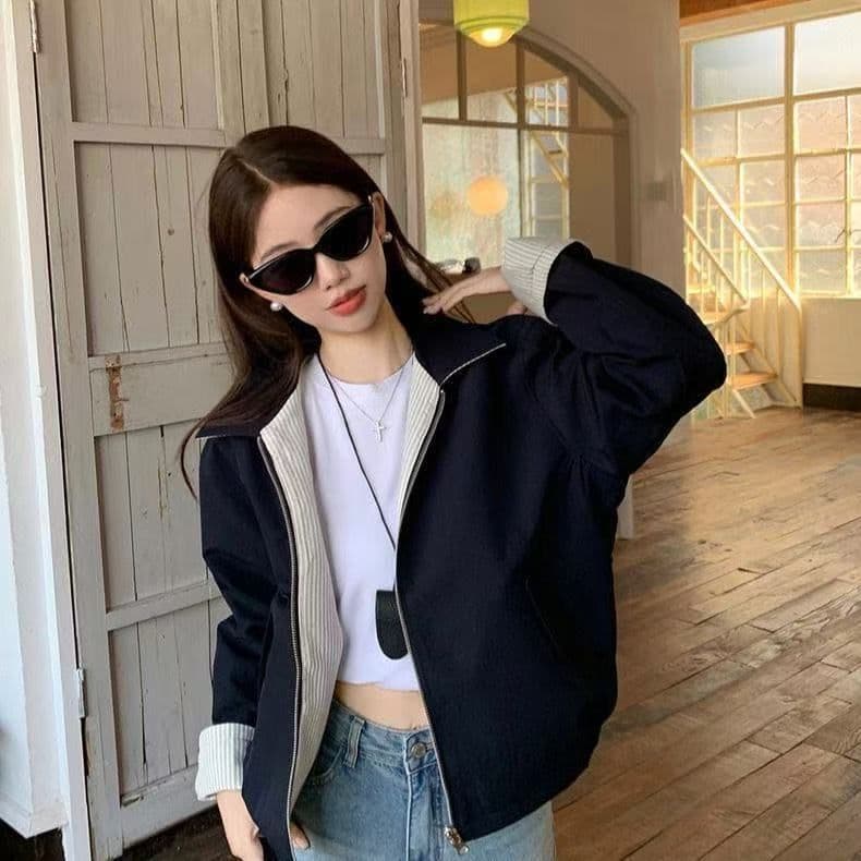 vibe 바람 2026 이른 봄 새로운 폴로 칼라 스트라이프 재킷 양면 착용 긴팔 루즈핏 쇼트 스타일 재킷 출퇴근 맨위 상세 이미지 3