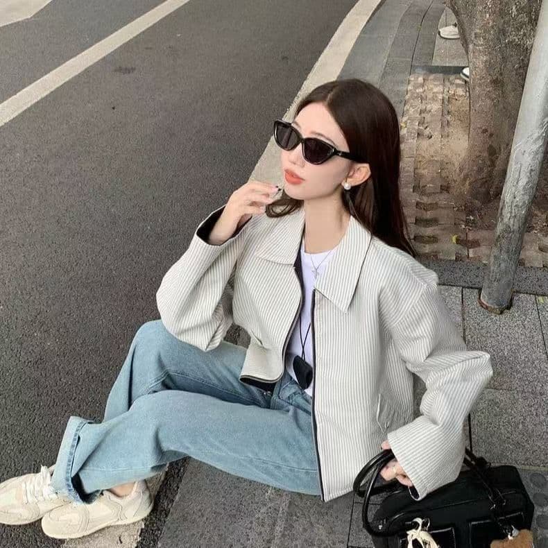vibe 바람 2026 이른 봄 새로운 폴로 칼라 스트라이프 재킷 양면 착용 긴팔 루즈핏 쇼트 스타일 재킷 출퇴근 맨위 상세 이미지 6