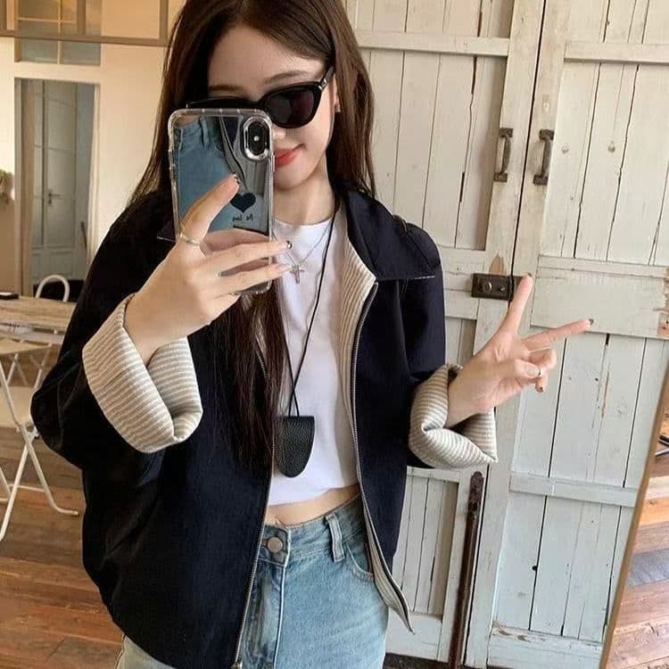 vibe 바람 2026 이른 봄 새로운 폴로 칼라 스트라이프 재킷 양면 착용 긴팔 루즈핏 쇼트 스타일 재킷 출퇴근 맨위 상세 이미지 7
