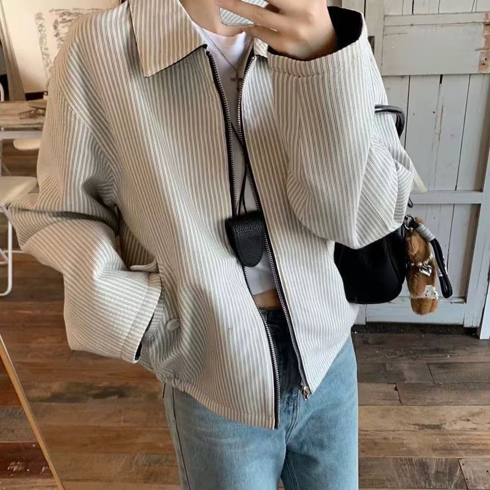 vibe 바람 2026 이른 봄 새로운 폴로 칼라 스트라이프 재킷 양면 착용 긴팔 루즈핏 쇼트 스타일 재킷 출퇴근 맨위 상세 이미지 8