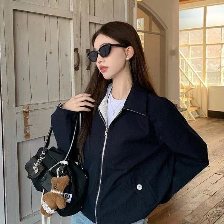 vibe 바람 2026 이른 봄 새로운 폴로 칼라 스트라이프 재킷 양면 착용 긴팔 루즈핏 쇼트 스타일 재킷 출퇴근 맨위 상세 이미지 9