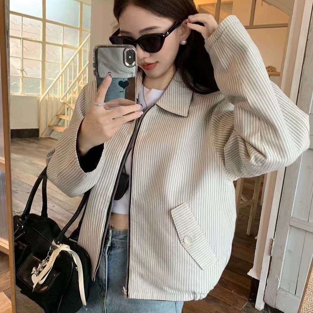 vibe 바람 2026 이른 봄 새로운 폴로 칼라 스트라이프 재킷 양면 착용 긴팔 루즈핏 쇼트 스타일 재킷 출퇴근 맨위 상세 이미지 10