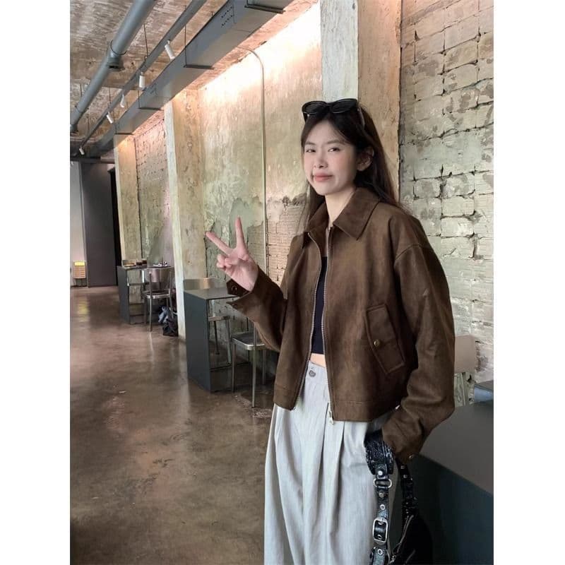 아름다움 라드. 쇼트 스타일 스웨이드 원단 여성 코트 봄과 가을 옷 아메리칸 레트로 느긋한 chic 다시 차가운 다시 바람의 소리 가죽 재킷 재킷
