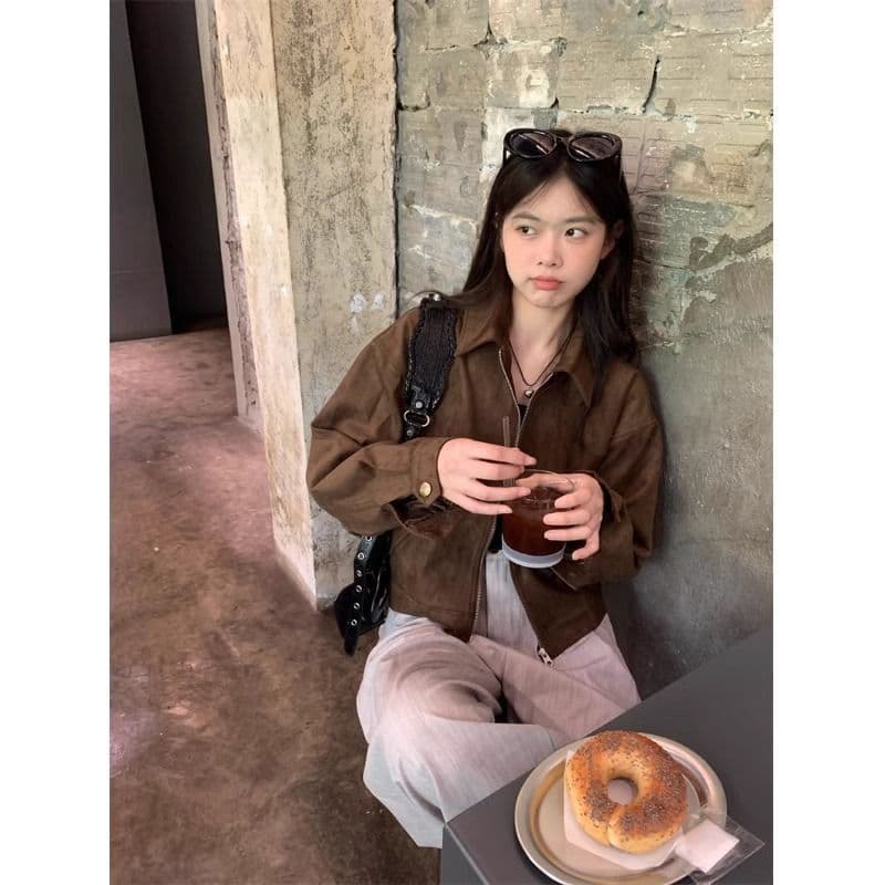 아름다움 라드. 쇼트 스타일 스웨이드 원단 여성 코트 봄과 가을 옷 아메리칸 레트로 느긋한 chic 다시 차가운 다시 바람의 소리 가죽 재킷 재킷 이미지 5