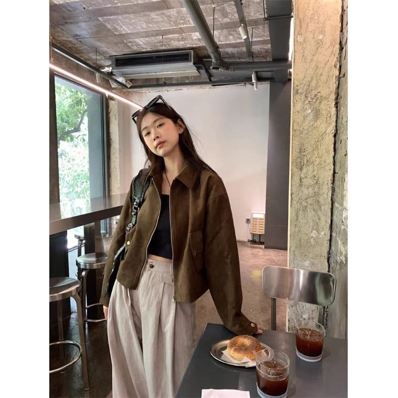 아름다움 라드. 쇼트 스타일 스웨이드 원단 여성 코트 봄과 가을 옷 아메리칸 레트로 느긋한 chic 다시 차가운 다시 바람의 소리 가죽 재킷 재킷 이미지 3