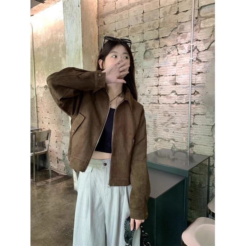 아름다움 라드. 쇼트 스타일 스웨이드 원단 여성 코트 봄과 가을 옷 아메리칸 레트로 느긋한 chic 다시 차가운 다시 바람의 소리 가죽 재킷 재킷 이미지 4