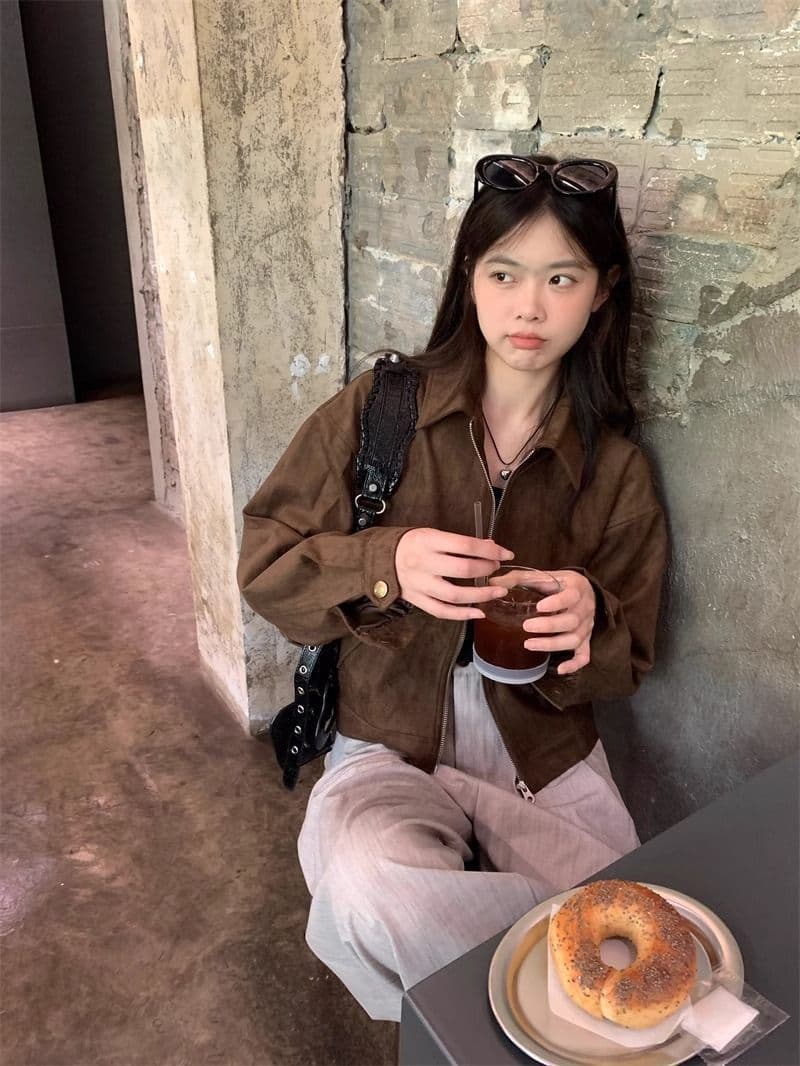 아름다움 라드. 쇼트 스타일 스웨이드 원단 여성 코트 봄과 가을 옷 아메리칸 레트로 느긋한 chic 다시 차가운 다시 바람의 소리 가죽 재킷 재킷 상세 이미지 1