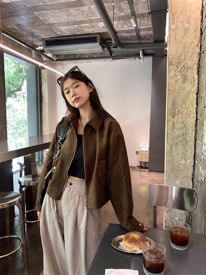 아름다움 라드. 쇼트 스타일 스웨이드 원단 여성 코트 봄과 가을 옷 아메리칸 레트로 느긋한 chic 다시 차가운 다시 바람의 소리 가죽 재킷 재킷 상세 이미지 2