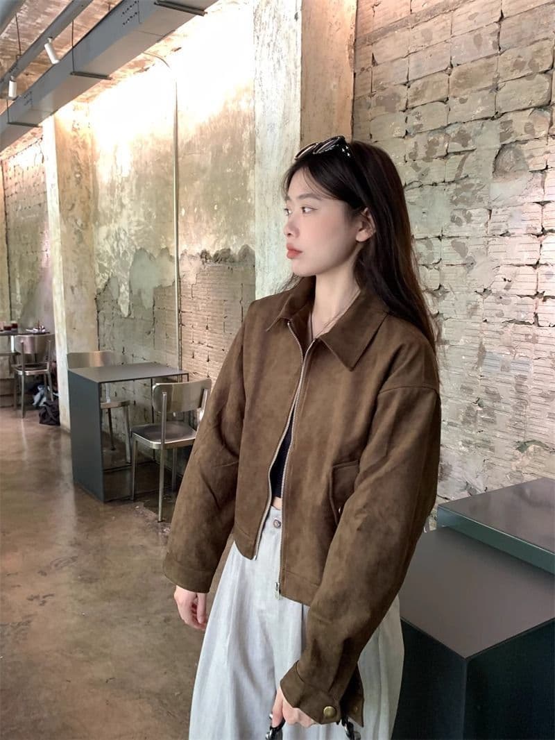 아름다움 라드. 쇼트 스타일 스웨이드 원단 여성 코트 봄과 가을 옷 아메리칸 레트로 느긋한 chic 다시 차가운 다시 바람의 소리 가죽 재킷 재킷 상세 이미지 8