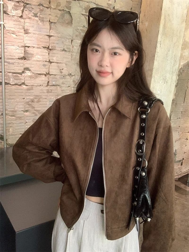 아름다움 라드. 쇼트 스타일 스웨이드 원단 여성 코트 봄과 가을 옷 아메리칸 레트로 느긋한 chic 다시 차가운 다시 바람의 소리 가죽 재킷 재킷 상세 이미지 9