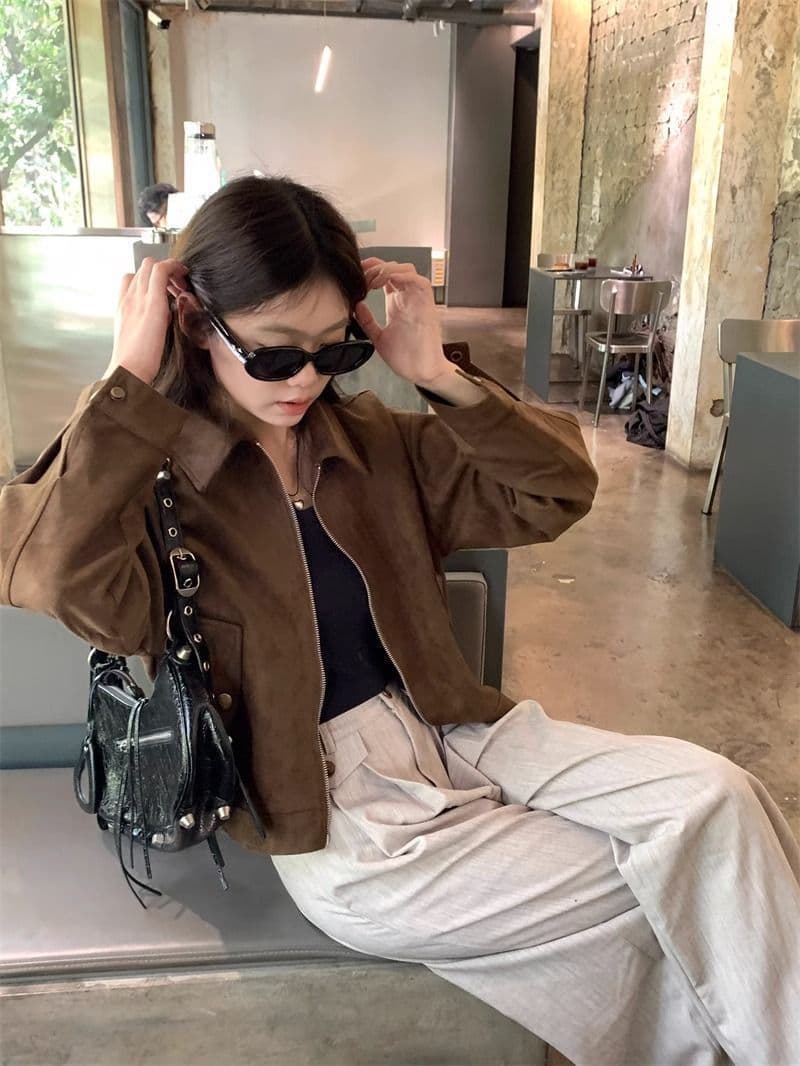 아름다움 라드. 쇼트 스타일 스웨이드 원단 여성 코트 봄과 가을 옷 아메리칸 레트로 느긋한 chic 다시 차가운 다시 바람의 소리 가죽 재킷 재킷 상세 이미지 11