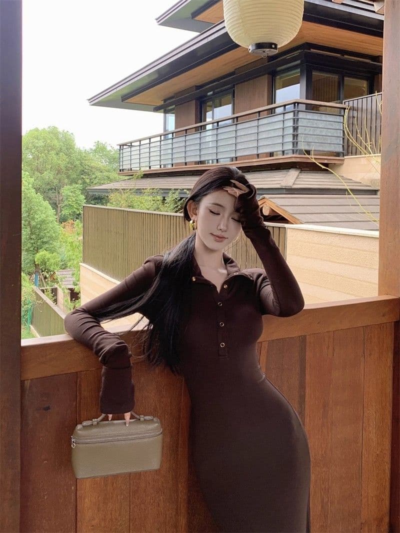 로얄 자매 바람 레트로 갈색 빨간색 색상 긴팔 여성 드레스 신년 로브 몸매 가꾸기 허리 수축 디스플레이 몸 품격 길다 치마 상세 이미지 6