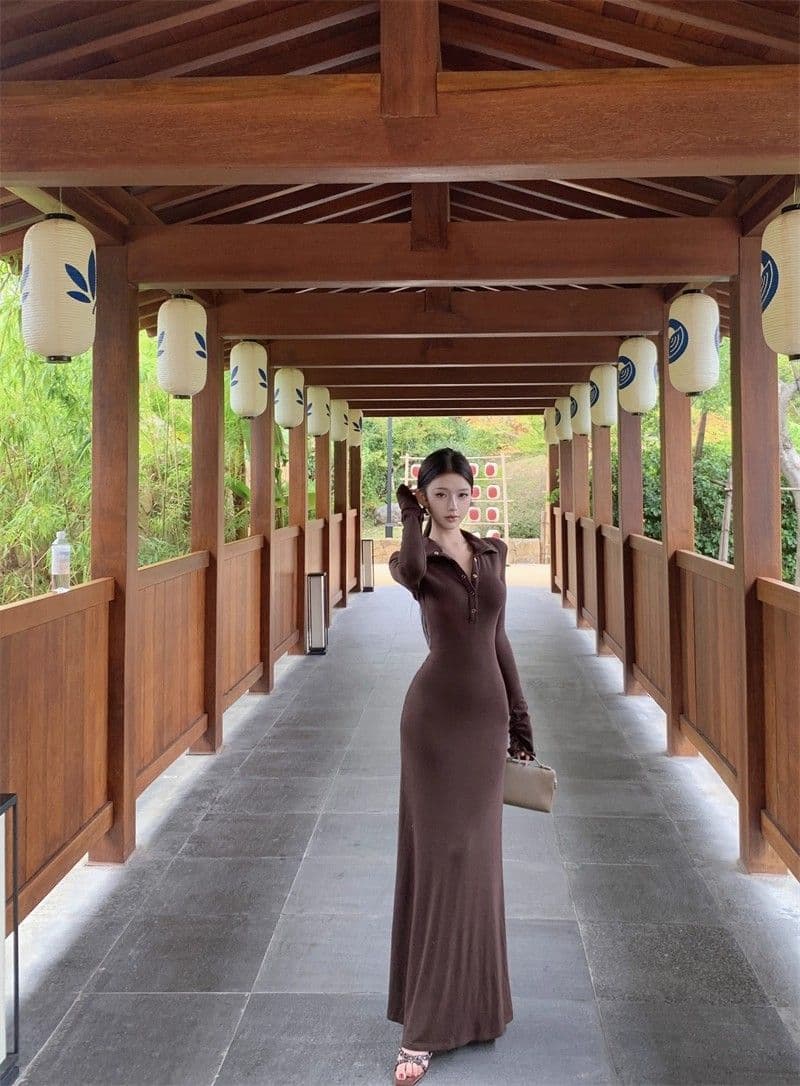 로얄 자매 바람 레트로 갈색 빨간색 색상 긴팔 여성 드레스 신년 로브 몸매 가꾸기 허리 수축 디스플레이 몸 품격 길다 치마 상세 이미지 9