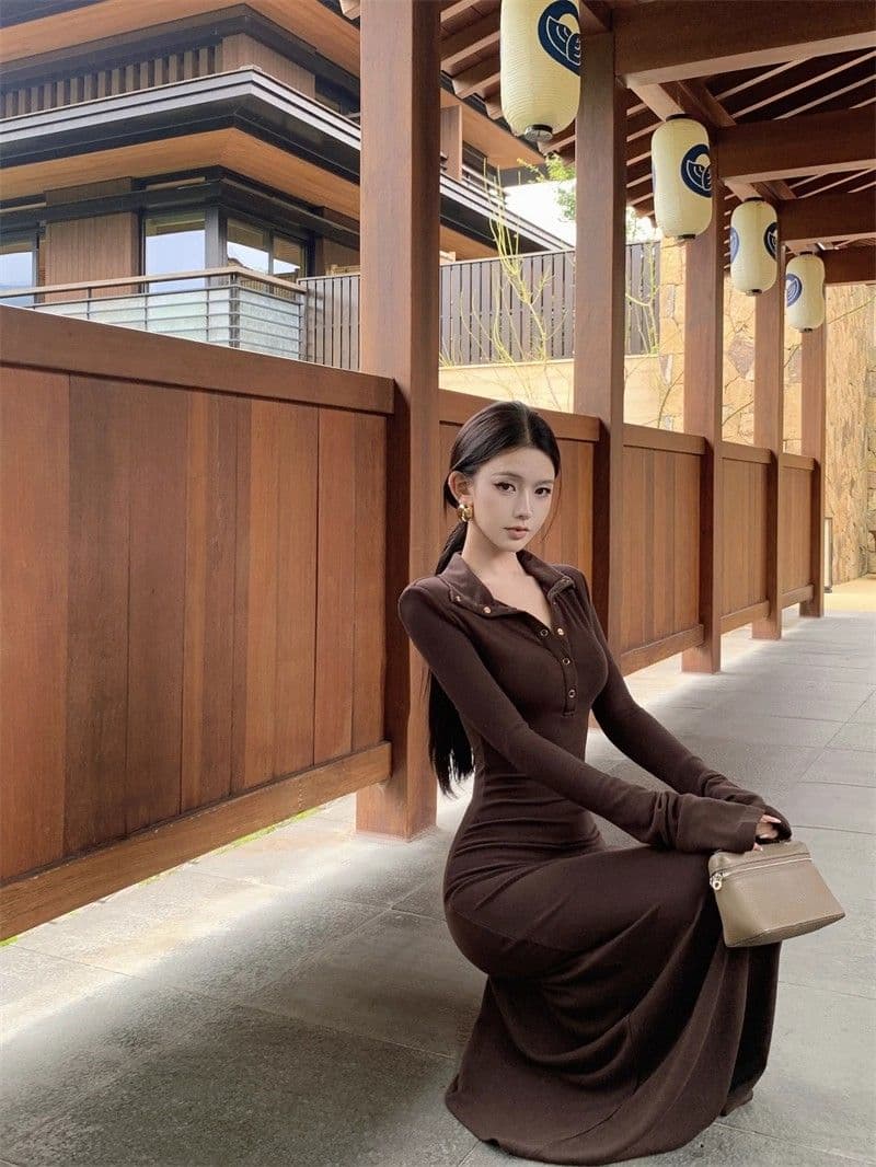 로얄 자매 바람 레트로 갈색 빨간색 색상 긴팔 여성 드레스 신년 로브 몸매 가꾸기 허리 수축 디스플레이 몸 품격 길다 치마 상세 이미지 10