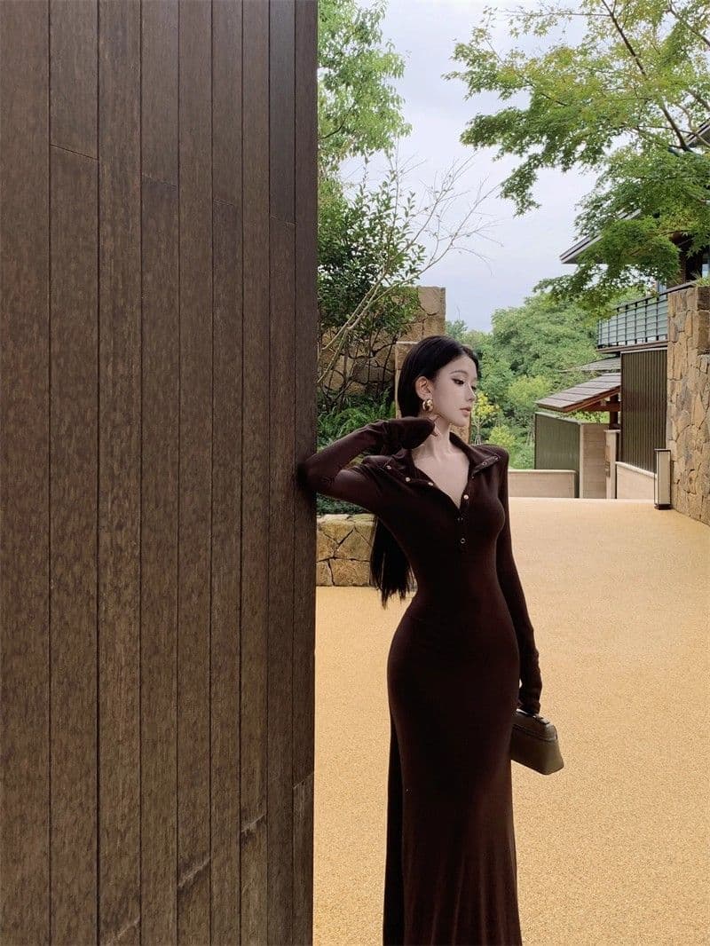 로얄 자매 바람 레트로 갈색 빨간색 색상 긴팔 여성 드레스 신년 로브 몸매 가꾸기 허리 수축 디스플레이 몸 품격 길다 치마 상세 이미지 13