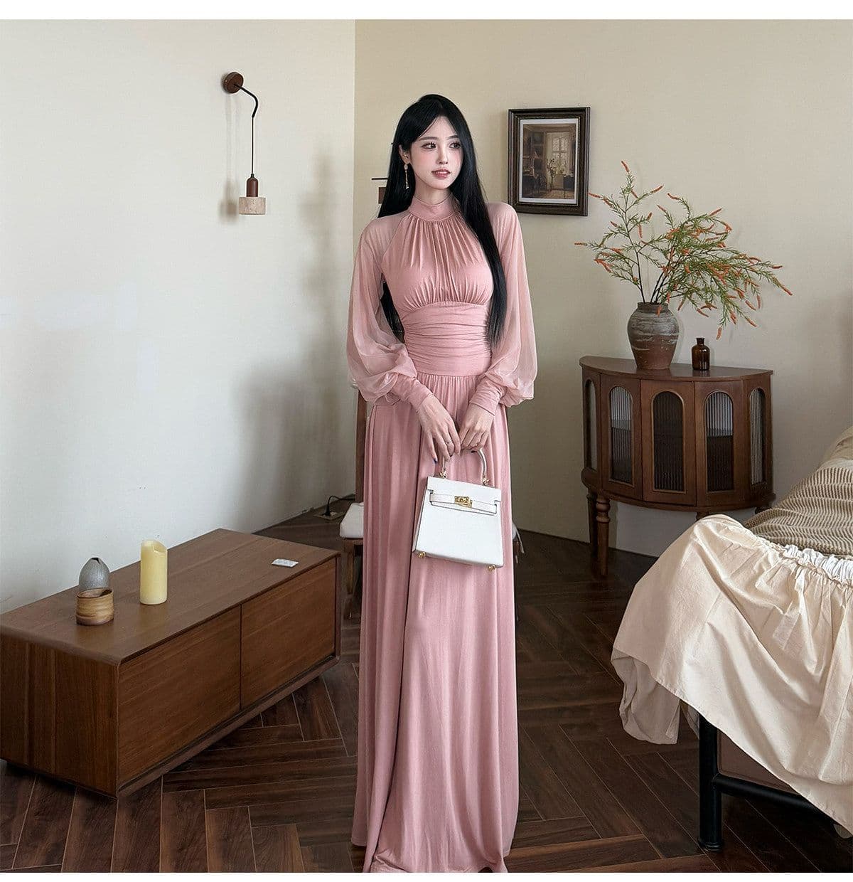 봄 여름 새로운 프랑스식 망사 패치워크 벌룬 소매 드레스 요정 가스 펄럭 이는 키 큰 남자 롱 스커트 상세 이미지 4