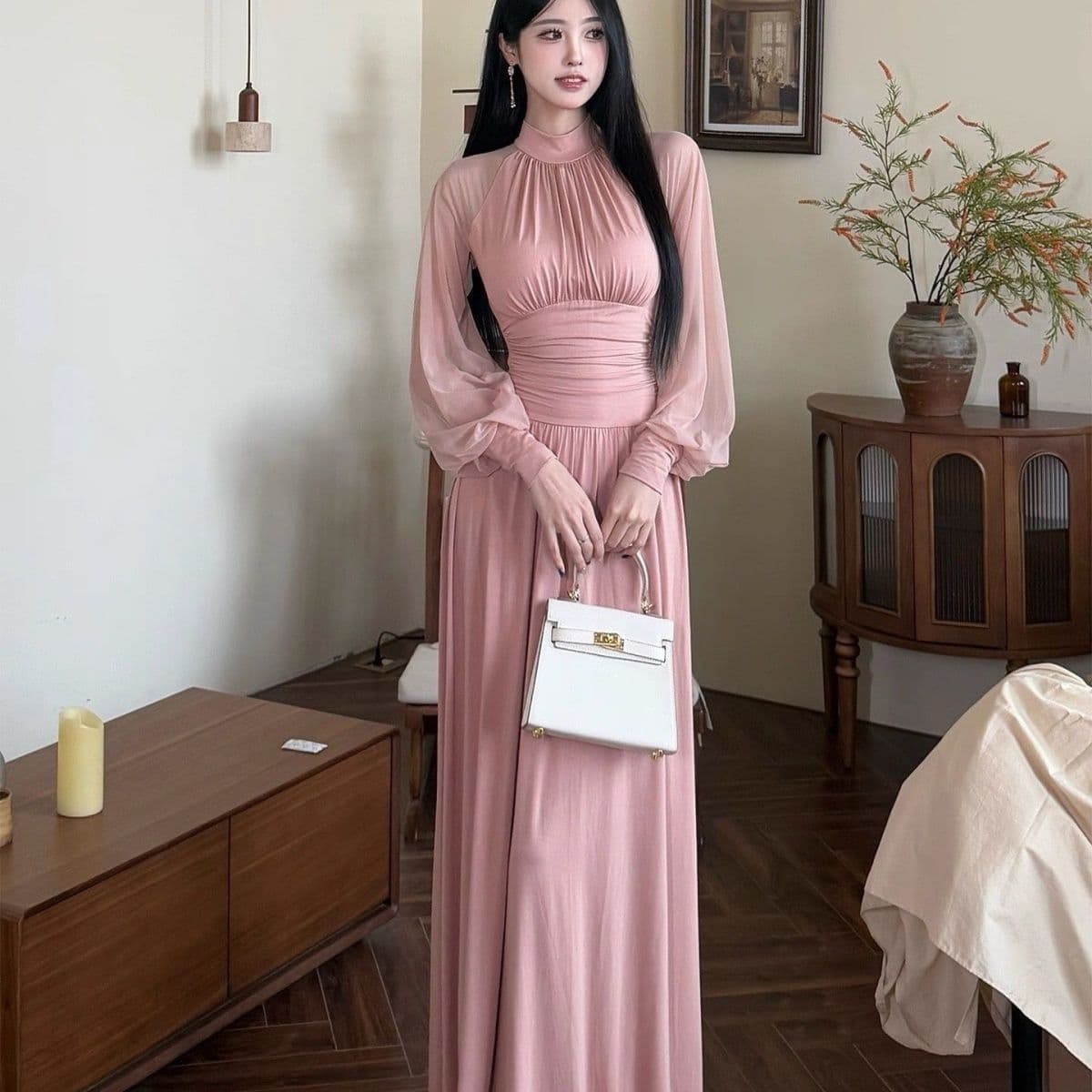 봄 여름 새로운 프랑스식 망사 패치워크 벌룬 소매 드레스 요정 가스 펄럭 이는 키 큰 남자 롱 스커트 상세 이미지 7