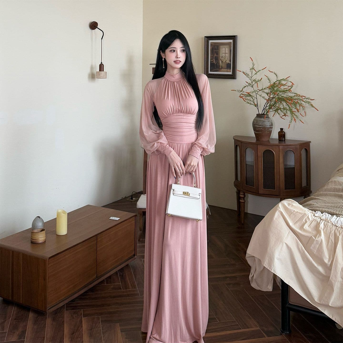 봄 여름 새로운 프랑스식 망사 패치워크 벌룬 소매 드레스 요정 가스 펄럭 이는 키 큰 남자 롱 스커트 상세 이미지 8
