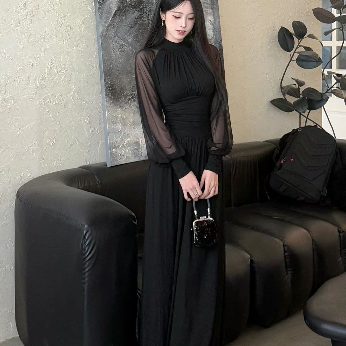 봄 여름 새로운 프랑스식 망사 패치워크 벌룬 소매 드레스 요정 가스 펄럭 이는 키 큰 남자 롱 스커트 상세 이미지 13