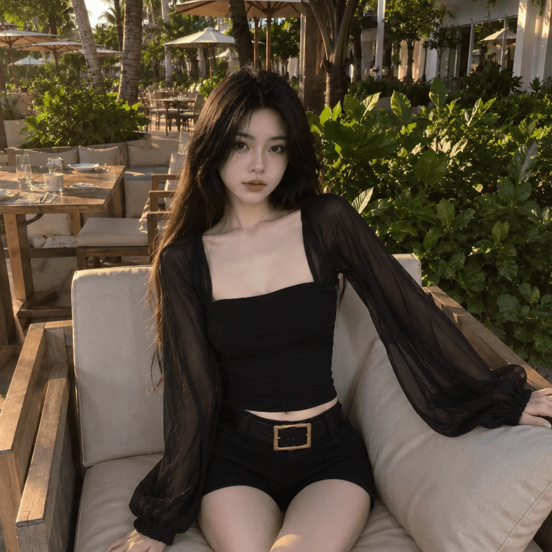 한 부서 망사 패치워크 벌룬 소매 허리 수축 긴팔 티셔츠 여성 여름 마이크로 ~을 통해 검정색 맨위 블라우스 상세 이미지 2