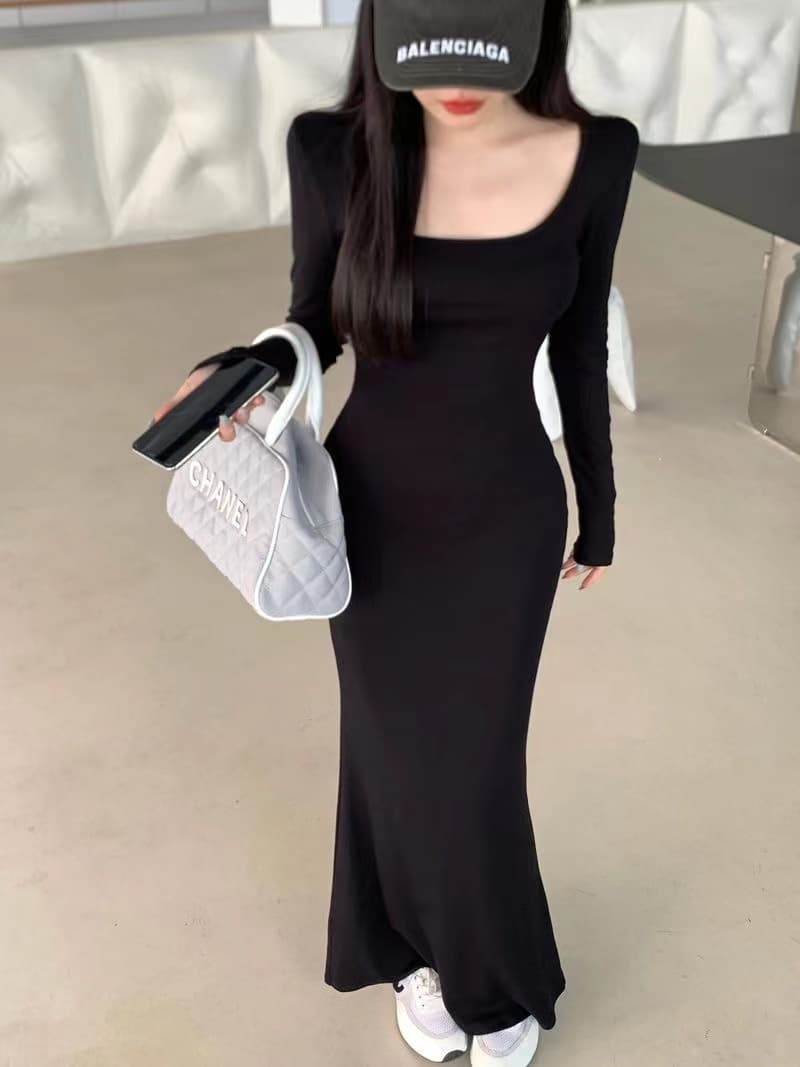 순수한 욕망 바람 긴팔 여성 드레스 가을 달콤한 핫걸 광장 칼라 품격 타이트 타이트 스커트 만나는 롱 코트 인어 꼬리 치마 이미지 2