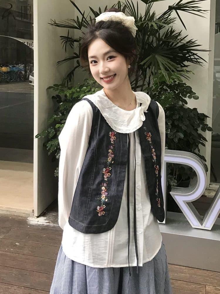 화이트 불규칙 베이비 칼라 긴팔 여성 셔츠 가을 새로운 디자인 센스 나비 매듭 프랑스식 표지 고기 맨위 이미지 2