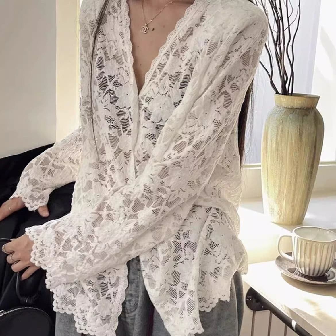 자외선 차단 긴팔 레이스 셔츠 여성 봄 가을 순수한 욕망 루즈핏 품격 홀로우 아웃 마이크로 ~을 통해 의류 에어컨 셔츠 이미지 2