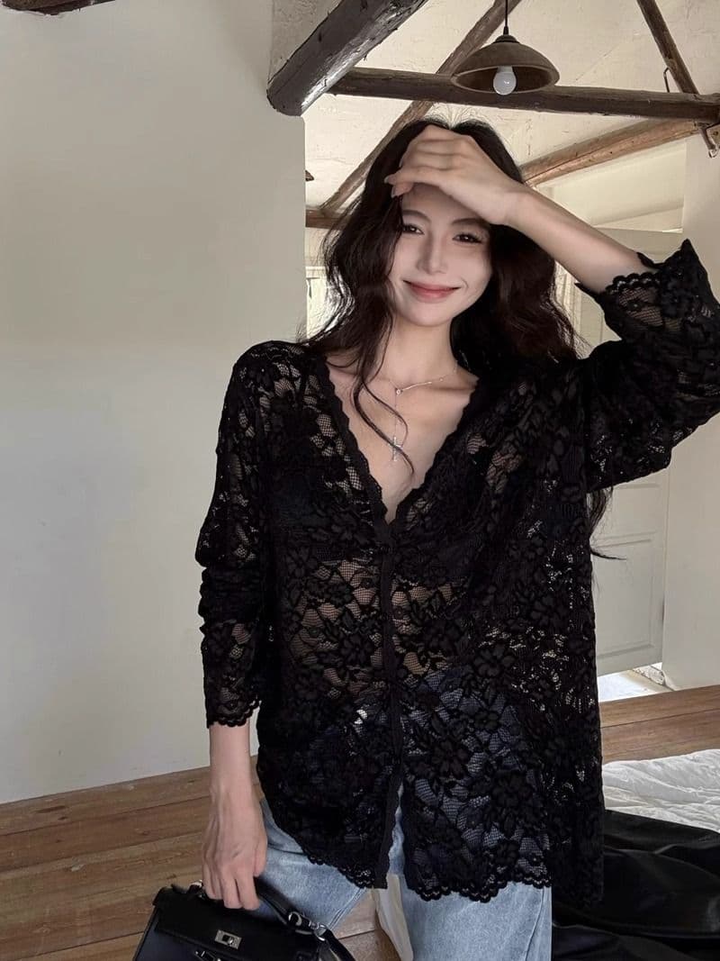자외선 차단 긴팔 레이스 셔츠 여성 봄 가을 순수한 욕망 루즈핏 품격 홀로우 아웃 마이크로 ~을 통해 의류 에어컨 셔츠 상세 이미지 7