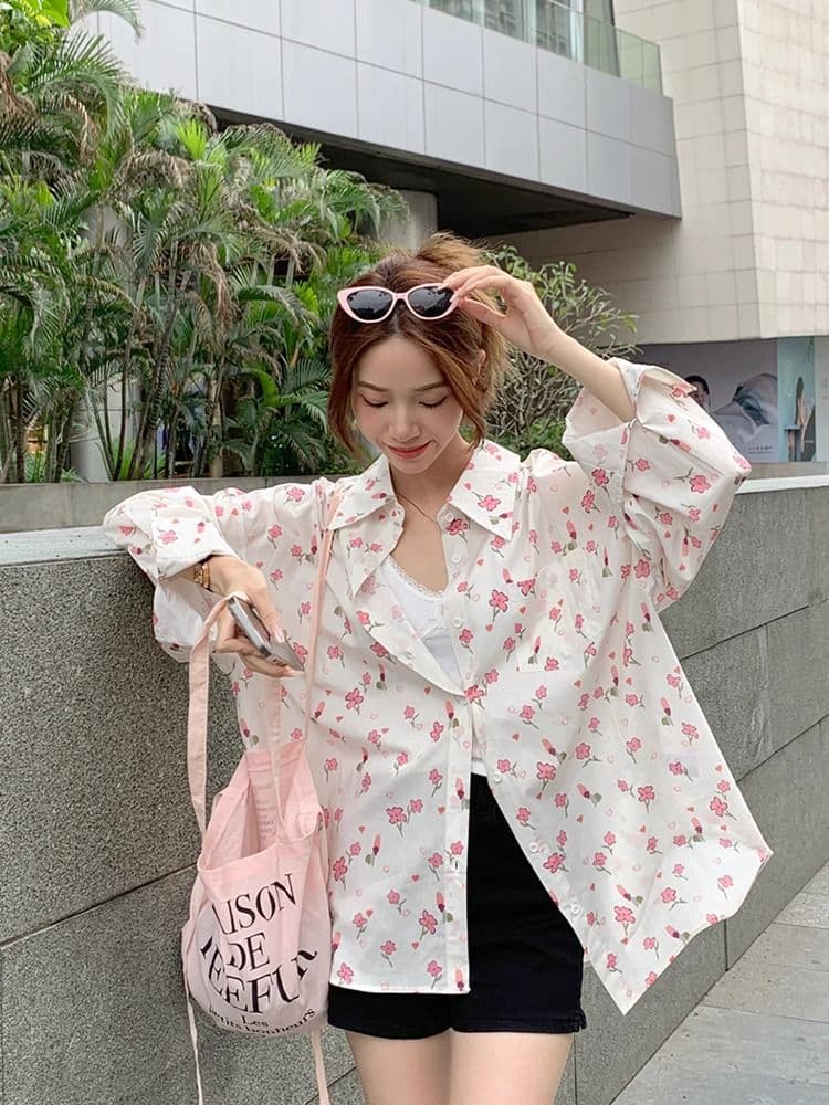 한국 스타일 캐주얼 꽃무늬 셔츠 일상 여성 셔츠 루즈핏 긴팔 셔츠 재킷 상세 이미지 4
