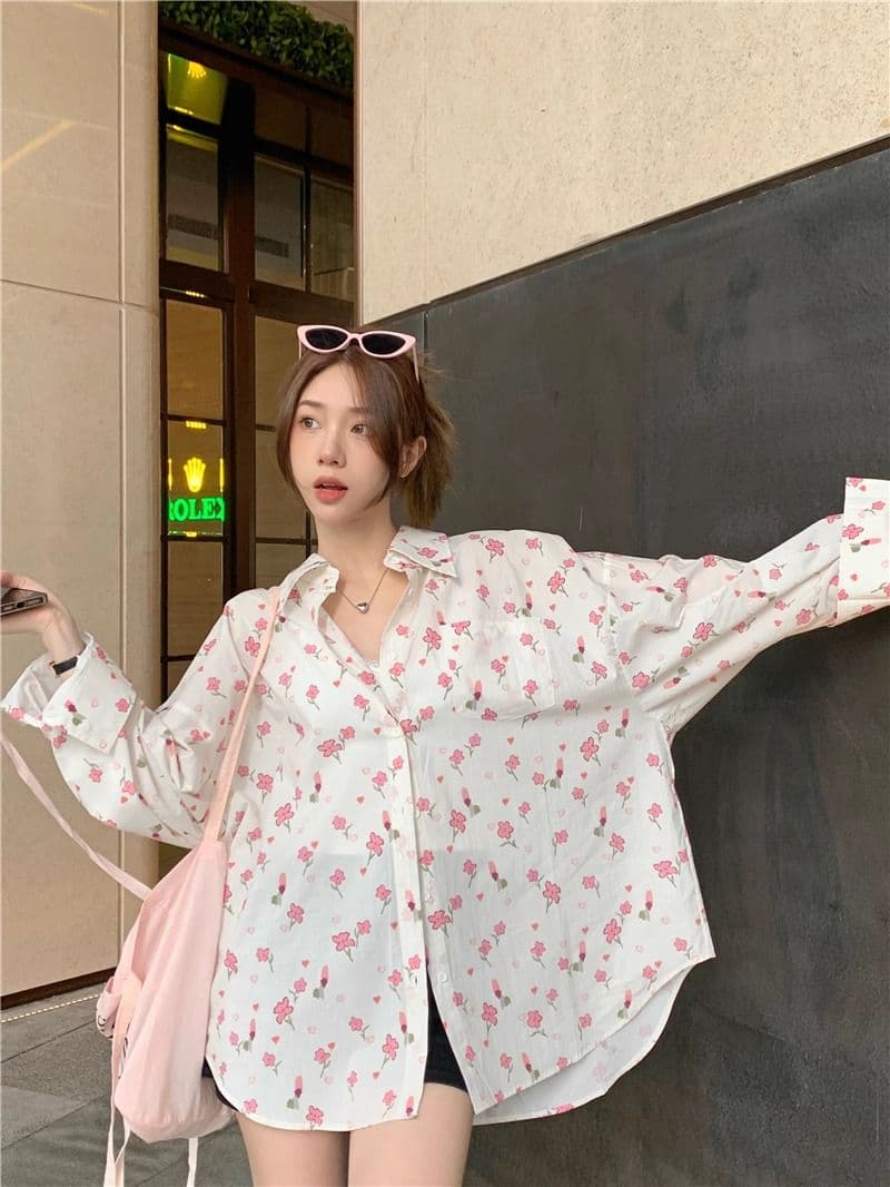 한국 스타일 캐주얼 꽃무늬 셔츠 일상 여성 셔츠 루즈핏 긴팔 셔츠 재킷 상세 이미지 7