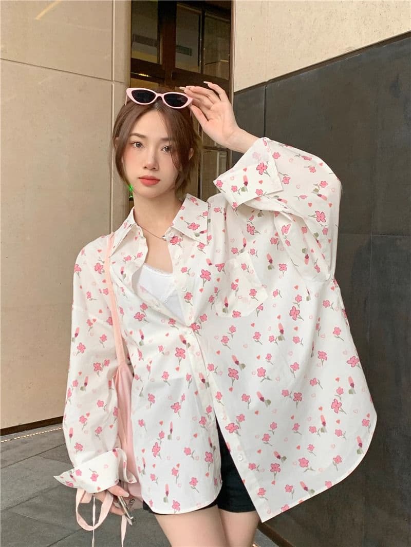 한국 스타일 캐주얼 꽃무늬 셔츠 일상 여성 셔츠 루즈핏 긴팔 셔츠 재킷 상세 이미지 9
