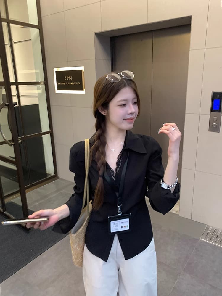높음 지혜 바람 긴팔 폴로 칼라 레이스 화이트 셔츠 레트로 스택 착용 다용도 디자인 센스 슬림해 보이는 허리 수축 외출용 맨위 상세 이미지 16