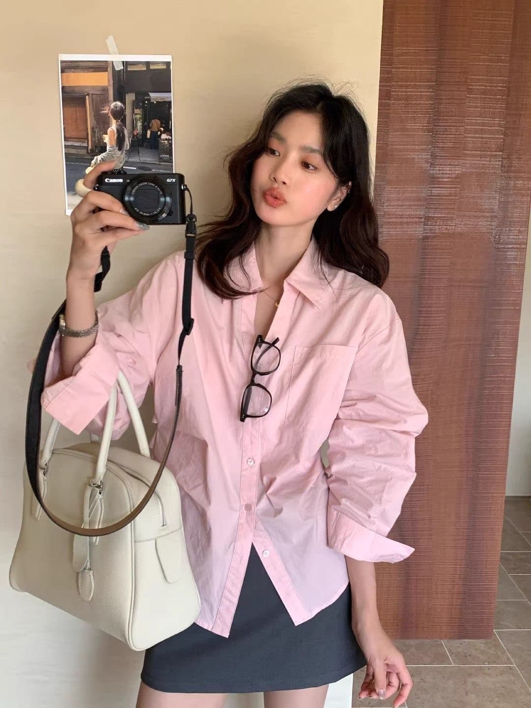 한 부서 주름 레이스업 폴로 칼라 긴팔 자외선 차단 여성 셔츠 봄 가을 디자인 센스 루즈핏 셔츠 외부 가져 가라. 오픈 가디건 맨위 이미지 2
