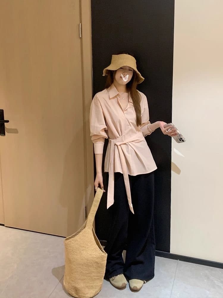 작은 대중 품격 출퇴근 측면 레이스업 허리 수축 여성 셔츠 한 부서 디자인 센스 다용도 슬림해 보이는 폴로 칼라 긴팔 셔츠 상세 이미지 3