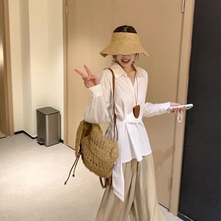 작은 대중 품격 출퇴근 측면 레이스업 허리 수축 여성 셔츠 한 부서 디자인 센스 다용도 슬림해 보이는 폴로 칼라 긴팔 셔츠 상세 이미지 5