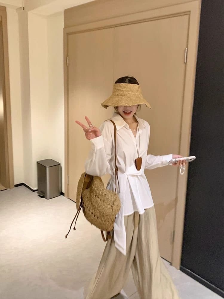 작은 대중 품격 출퇴근 측면 레이스업 허리 수축 여성 셔츠 한 부서 디자인 센스 다용도 슬림해 보이는 폴로 칼라 긴팔 셔츠 상세 이미지 7